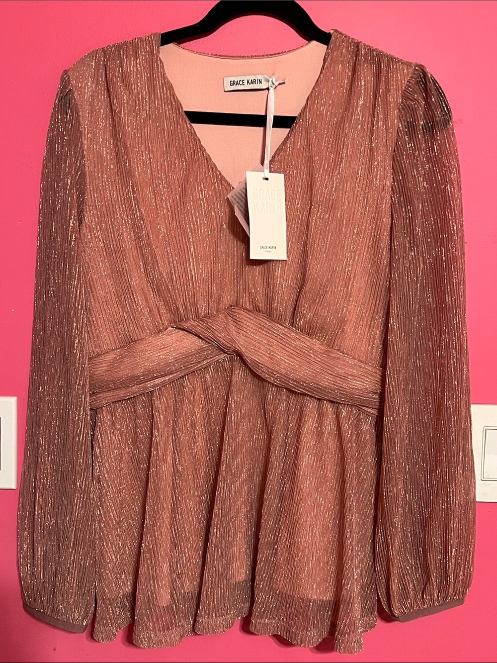 Grace Karin Rose Gold Shimmer Knot-Front Women’s Long Sleeve Top 
Size Medium